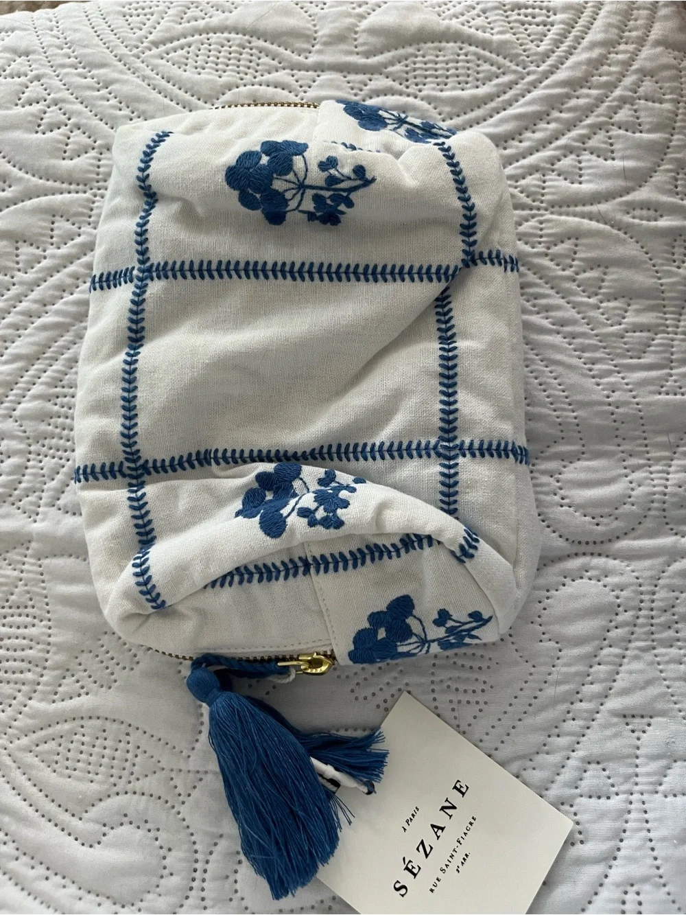 Sezane white and blue embroidery zip makeup bag